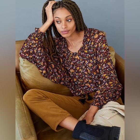 by Anthropologie Pauline Balloon-Sleeved Blouse Floral Black Tie Semi Sheer Top - Picture 2 of 15